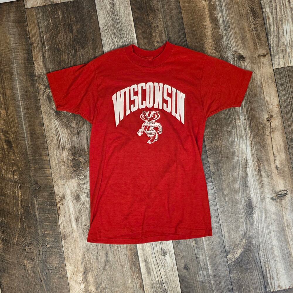 Vintage 80s Wisconsin Badgers T Shirt USA Made College Red Medium Single Stitch